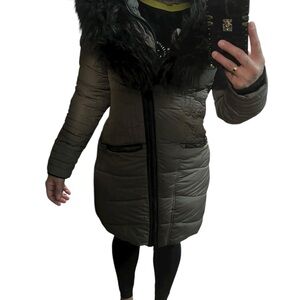 Noize Olive Puffer Coat with Black Faux Fur